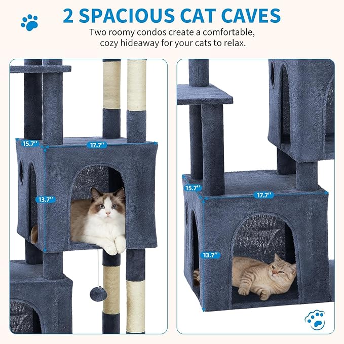 61" Large Cat Tree Tower for Indoor Cats, Heavy-Duty Multi-Level Cat Condo for Maine Coon & Big Cats with Extra-Large Perch, 2 Spacious Houses, Sisal Scratching Posts & Hanging Toys - Blue