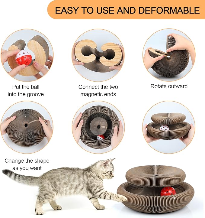 FluffyDream Magic Organ Cat Scratching Board, Interactive Scratch Pad with a Ball, Cat Scratcher for Grinding Claw, Recyclable and Durable, Furniture Protector, Retractable, Brown, Reversible