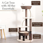 PetPals 49" High 5-Level Large Cat Tree with Replaceable Recycled Paper Rope Scratching Posts, Plush Cushions, Handwoven Basket and nest for Multi Cats, Brown and Beige