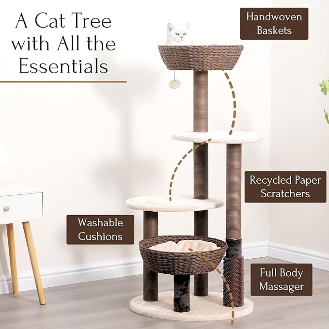 PetPals 49" High 5-Level Large Cat Tree with Replaceable Recycled Paper Rope Scratching Posts, Plush Cushions, Handwoven Basket and nest for Multi Cats, Brown and Beige