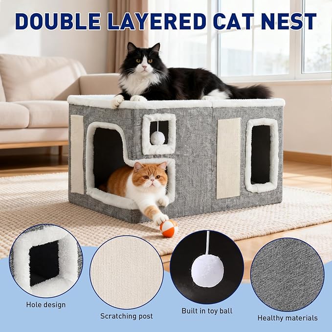 Cat Houses for Indoor Cats,Foldable with Cat Scratch Pad and Hanging Fur Ball - Washable Semi-Enclosed Cat Bed, Warming Comfy Cat Tent,22.83x16.92x12.99inch, Grey