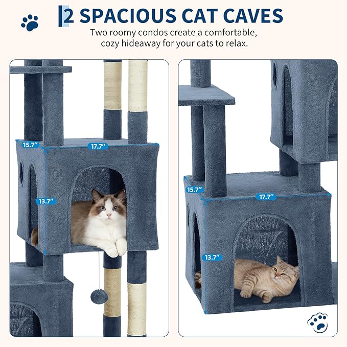Light Blue 61" Heavy Duty Cat Tree for Large Indoor Cats & Maine Coon, Multi-Level Sturdy Cat Tower with Extra Large Perch, 2 Spacious Condos, Natural Sisal Scratching Posts & Interactive Toys