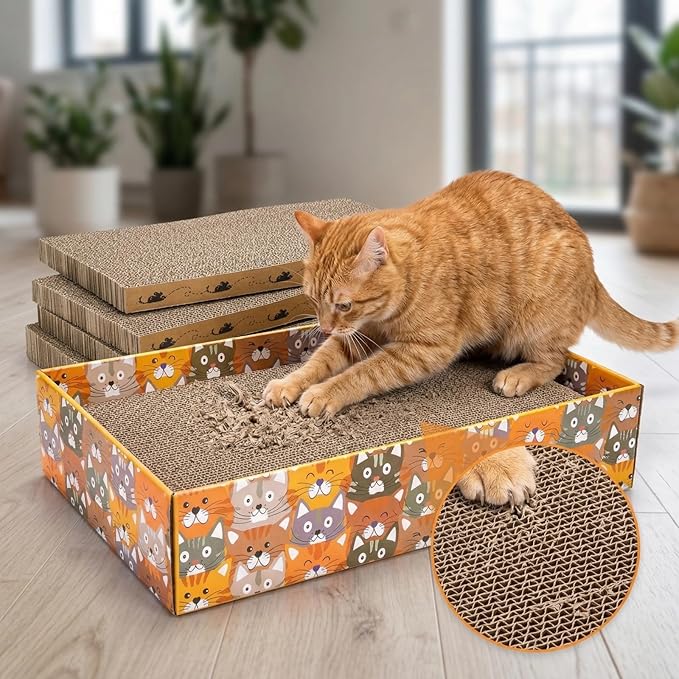 Set of 2 Cat Scratching Boxes, 17x10 in 6 Pcs Corrugated Cardboard Pad with 2 Boxes, Large Cute Reversible Kitty Sofa Bed, Refillable Wave Shaped Lounge, Interactive Kitten Toy for Indoor Cat