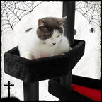 KAMABOKO Gothic Cat Tree, 46.9in Black Cat Tower with Coffin Bed, Cat Condo with Sisal Scratching Posts, Scratching Ramp and Comfort Basket for Indoor Cats