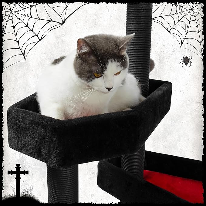 KAMABOKO Gothic Cat Tree, 46.9in Black Cat Tower with Coffin Bed, Cat Condo with Sisal Scratching Posts, Scratching Ramp and Comfort Basket for Indoor Cats