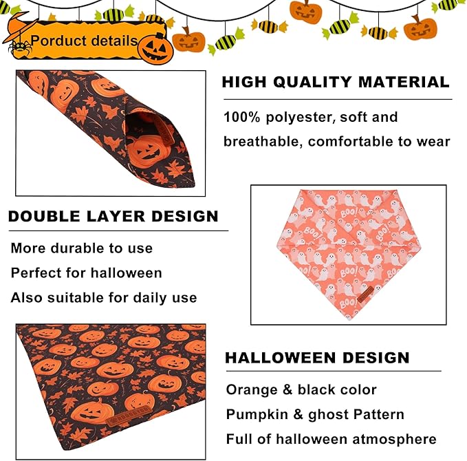 ADOGGYGO Halloween Dog Bandana, Pumpkin Ghost Pet Scarf, Orange Black Halloween Bandanas for Small Dogs Puppies (Small)