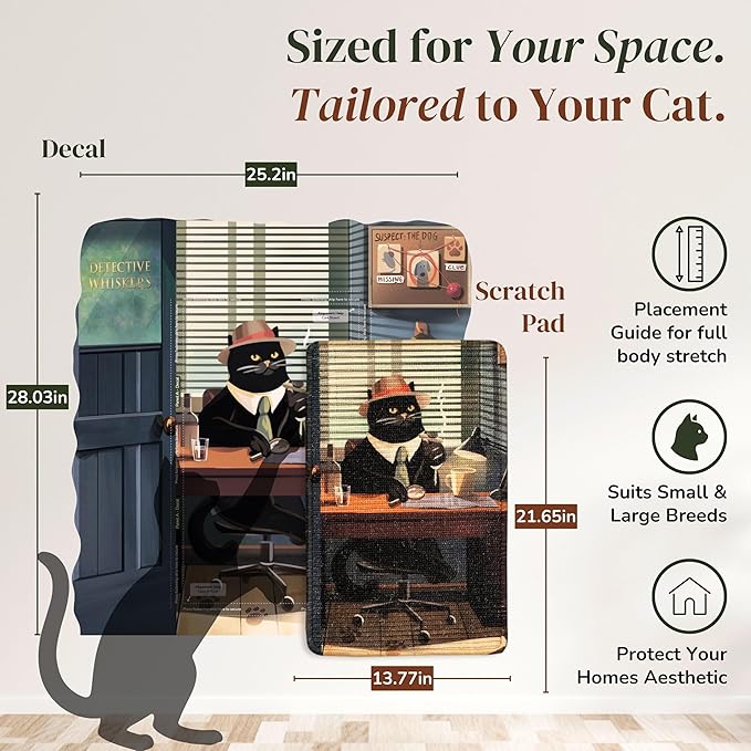 Vertical Cat Scratcher - Removable Wall Mounted Cat Scratcher and Art Decal – Wall Scratch Pad for Cats with Sisal Cat Scratcher – Large Protective Wall Scratchers for Indoor Cats