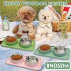 BNOSDM 2 Pcs Double Dog Food Bowls, Stainless Steel Small Dog Food and Water Bowls with Non-Spill Plastic Mat, Pet Cat Feeder Dish Set for Puppy Cats Kitten, Green