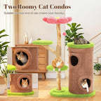 PETEPELA Modern Cat Tree for Indoor Cats Large Adult w/Flower Perch, 53.5" Flower Cat Tower with Solid Wood Scratching Post & Cozy Condos, Forest Cat House for Multi-Cat Household