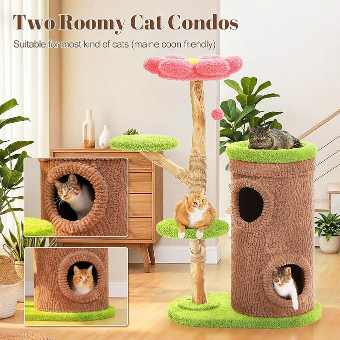 PETEPELA Modern Cat Tree for Indoor Large Cats with Flower Perch, 53.5" Forest Cat Tower with Solid Wood Scratching Posts & 2 Spacious Condos,Heavy Duty Cat Furniture for Multi-Cat Household