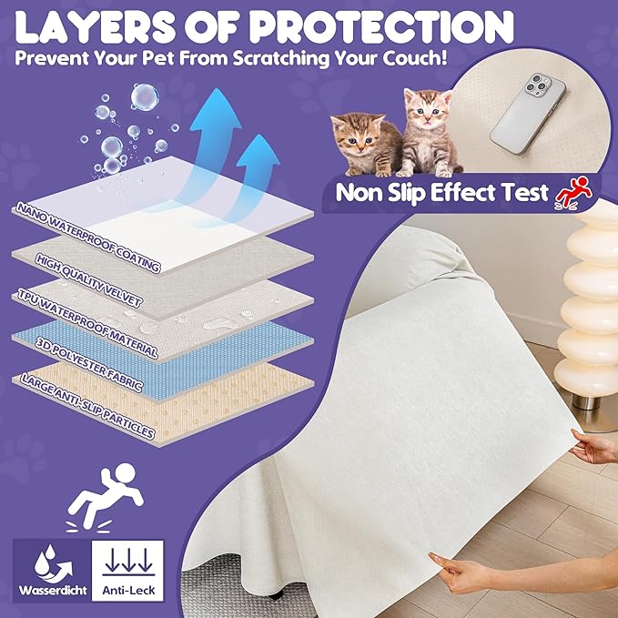 Cat Scratch Furniture Protector - Anti-Slip, Waterproof Sofa Cover to Keep Cats Off, Pet-Friendly Couch Protectors for 3 Cushion Couch, Beige Anti-Scratch Couch Cover for Pets and Kids 134"X71"