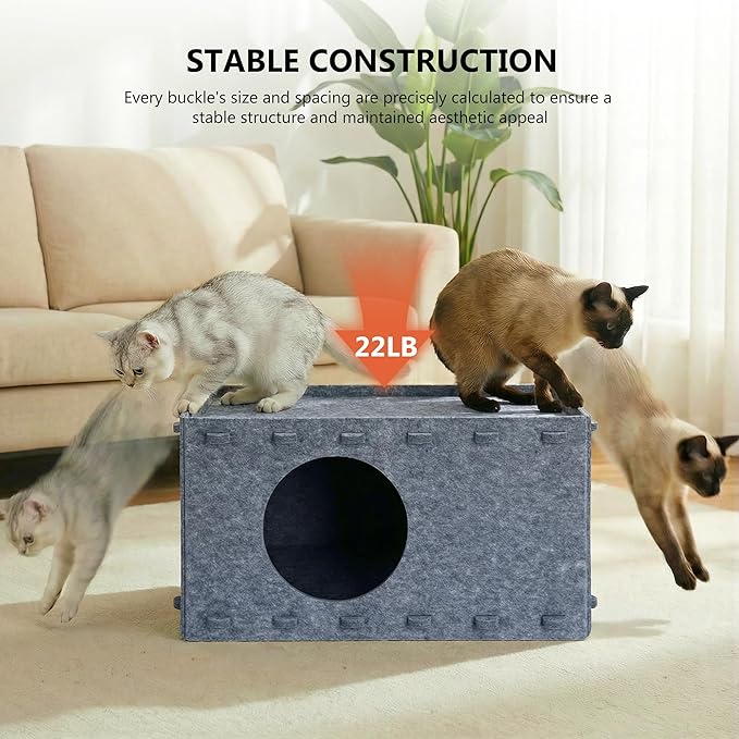 Cat House for Indoor Cats, Scratch Resistance Cat Cave Bed, Felt Peekaboo Cat Hideaway for Large & Multiple Cats Up to 22Lbs, Gray