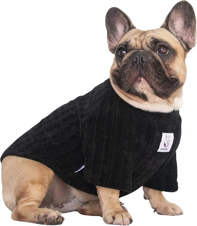 iChoue Pet Dog Winter Warm Sweater Clothes Turtleneck for English Bulldog Boston Terrier Corduroy Cold Weather Pullover Coat Shirt - Black/XLarge