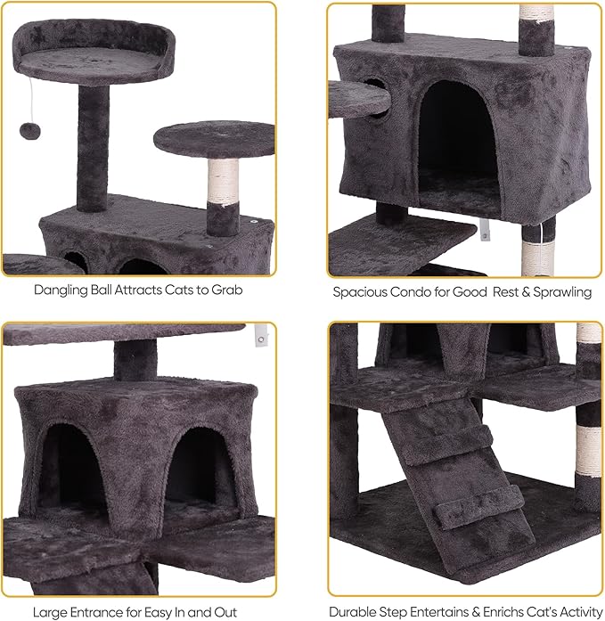 LEMY 54 Inch Cat Tree,Multi-Level Cat Tower Condo for Indoor Kittens,Dark Grey Cat House with Sisal-Covered Scratching Post for Cats to Play and Sleep