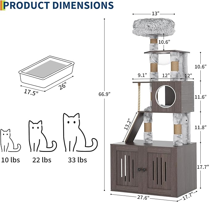 66.9" Cat Tree with Litter Box Enclosure, Modern Wood Tower with Hammock and Washable Cushions, Multi-Level Large Kitten Furniture Cabinet, Grey