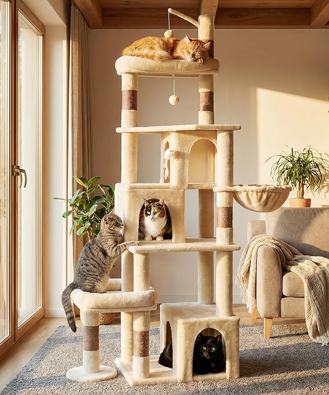 Heavy Duty Cat Tree for Indoor Cat, 74 Inch Cat Tower with Scratching Post, Hanging Basket, Cat Condo with Large Platform for Large Cats, PMT04BW, Beige