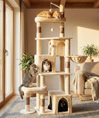 Heavy Duty Cat Tree for Indoor Cat, 74 Inch Cat Tower with Scratching Post, Hanging Basket, Cat Condo with Large Platform for Large Cats, PMT04BW, Beige