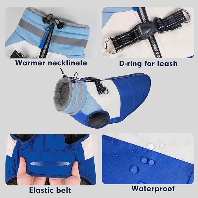 azuza Dog Coat Waterproof Winter Coat for Small Dogs, Warm Fleece Vest with Reflective Strips & Built-in Harness, Windproof Back Zipper, Blue S