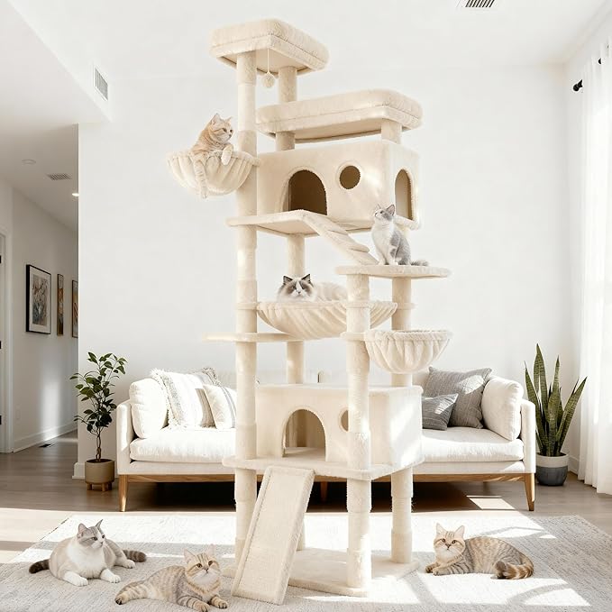 80 Inch Cat Tree, Large Cat Tower with 9 Scratching Posts, 2 Perches, 2 Caves, 2 Basket, 2 Stairs, Extra Large Hammock, Multi-Level Plush Cat Condo for Indoor Cats/Beige