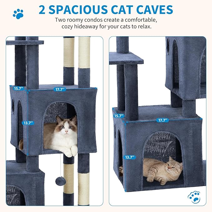 Blue 61" Heavy Duty Cat Tree for Large Indoor Cats & Maine Coon, Fresh Multi-Level Cat Tower with Extra Large Perch, 2 Spacious Condos, Natural Sisal Scratching Posts & Interactive Toys