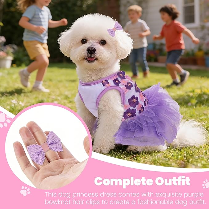 Dog Dress, Fashion Puppy Tutu Princess Dresses for Small Dogs Girl, Sweet Skirt with Dog Bowknot Clips, Spring Dog Cat Clothes Pet Apparel (Purple Floral Dress, Small)