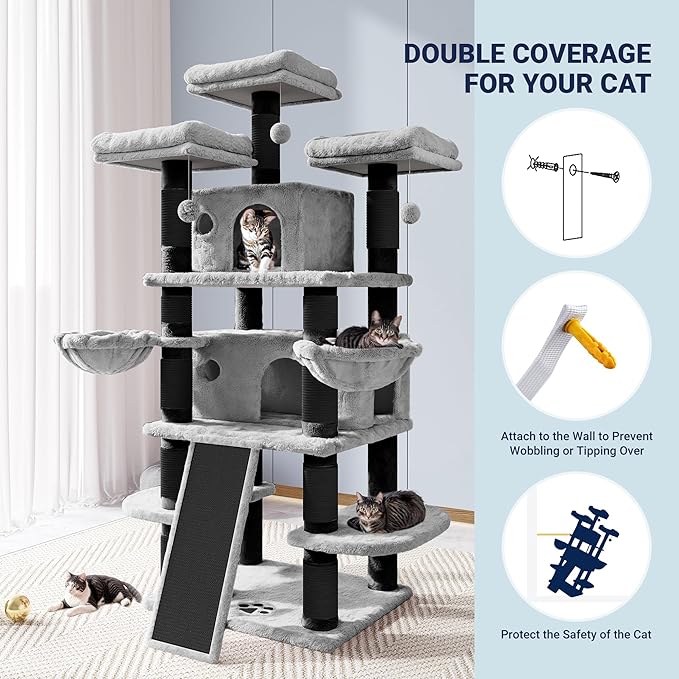 Allewie 68 Inches Cat Tree/House and Towers for Big Feline/Scratching Post/Multi-Level Large Kitty Climbing Tree with Condo/Black & Grey