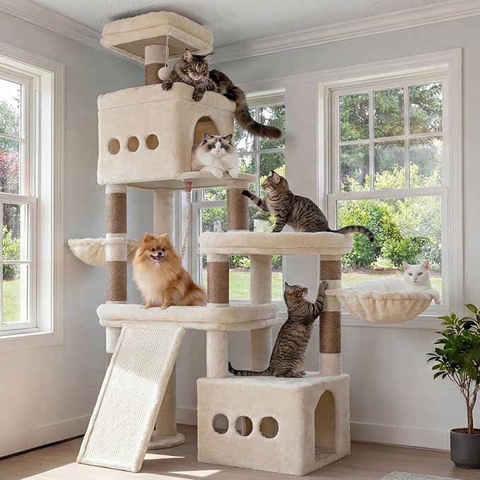 Heybly Cat Tree, 72.4-Inch Anti-Tip Cat Tower for Large Cats, All-in-One Cat Furniture with Spacious Perches, Multiple Interactive Areas, Extra-Large Sisal Scratching Board, Beige HCT060M