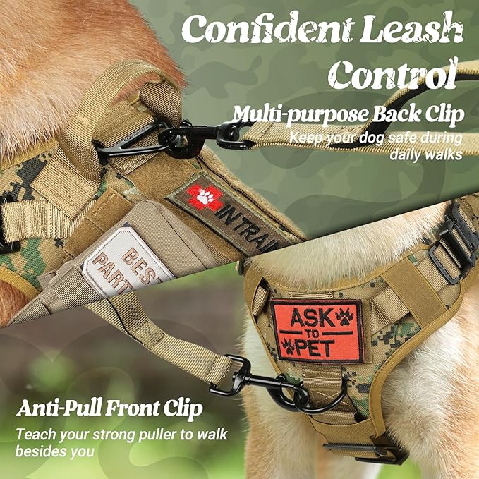 rabbitgoo Tactical Dog Harness for Large, Heavy Duty Pet Harness with Handle, No-Pull Service Vest Large Breed, Adjustable Military Dog Vest for Training Hunting Walking, Brown Camo, XL