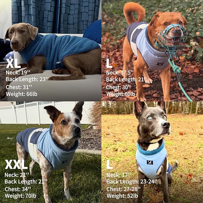 Reversible Dog Winter Coat, Waterproof Warm Fleece Sweater Windproof Lightweight Pet Snow Jacket for Medium Large Dogs with Double Ended Zipper, Cold Weather Dog Coat,Blue,XL
