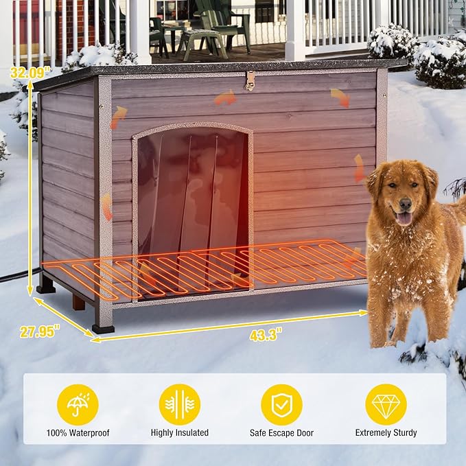 Aivituvin Dog House with Insulated Liner, Heated Outdoor Indoor Weatherproof Dog House for Winter, Suitable for Small & Medium & Large Dogs with Unique All-Around Iron Frame(Grey)