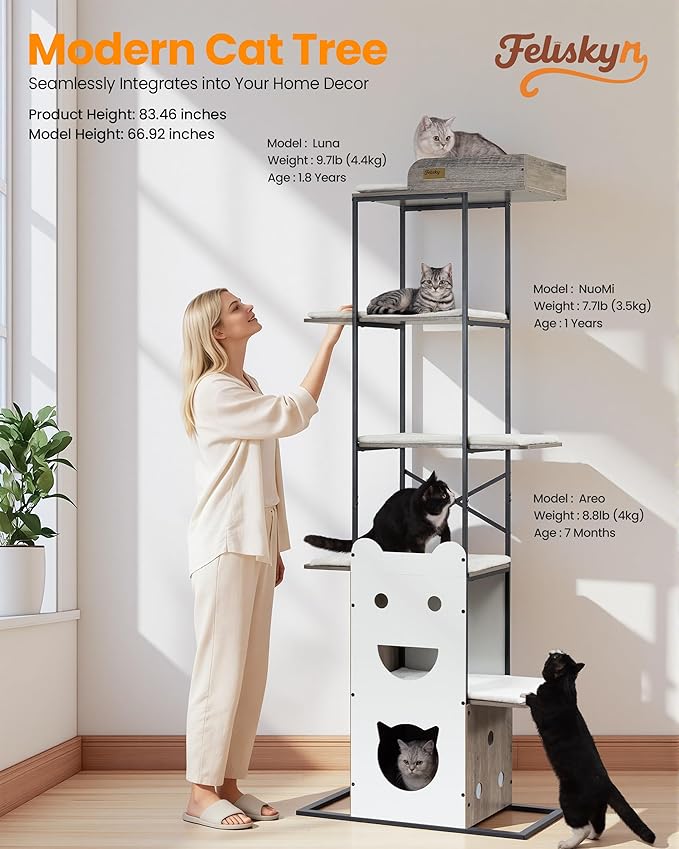 Wood Cat Tree Tower, 84 Inch Modern Extra Tall Cat Condo Trees for Indoor Cats Large Adult, XL Multi-Level Heavy Duty Wooden Sturdy Cat House Furniture with Platform Perch Bed Scratching Post