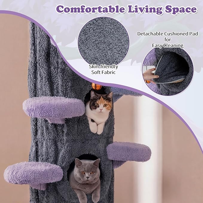 PETSITE 90.5-inch Tall Cat Tree, Tree-Like Modern Cat Tower with Sisal Scratching Pad, Five Cat Condos, Cute Hanging and Spring Toys, Large Cat Tree Tower for Indoor Cats (Purple)
