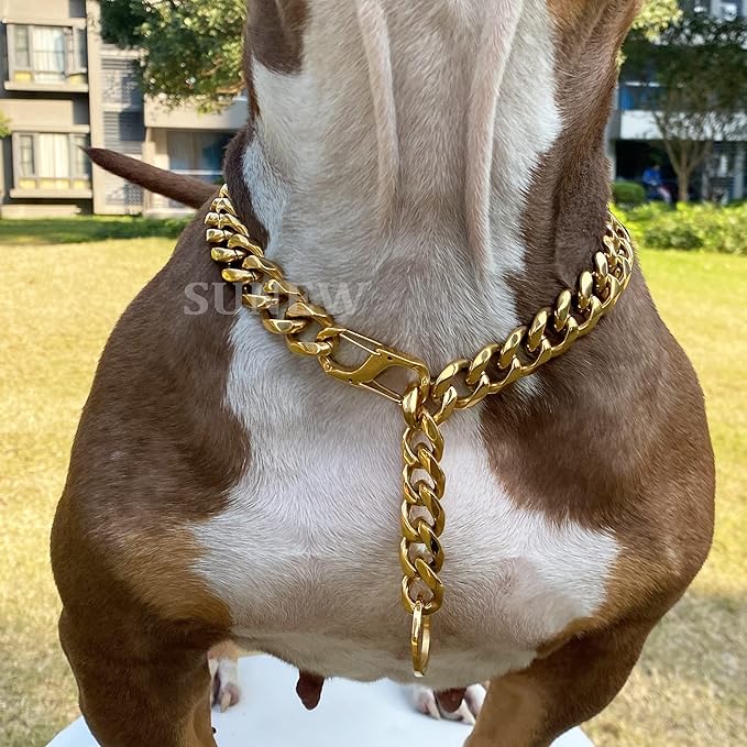 Adjustable Stainless Steel 19MM Gold Plated Dog Titan Collar Necklace Training Walking Metal Dog Duty Chew Proof for Small Medium Large Dogs American Pitbull German Shepherd (19MM*26inch, Gold)