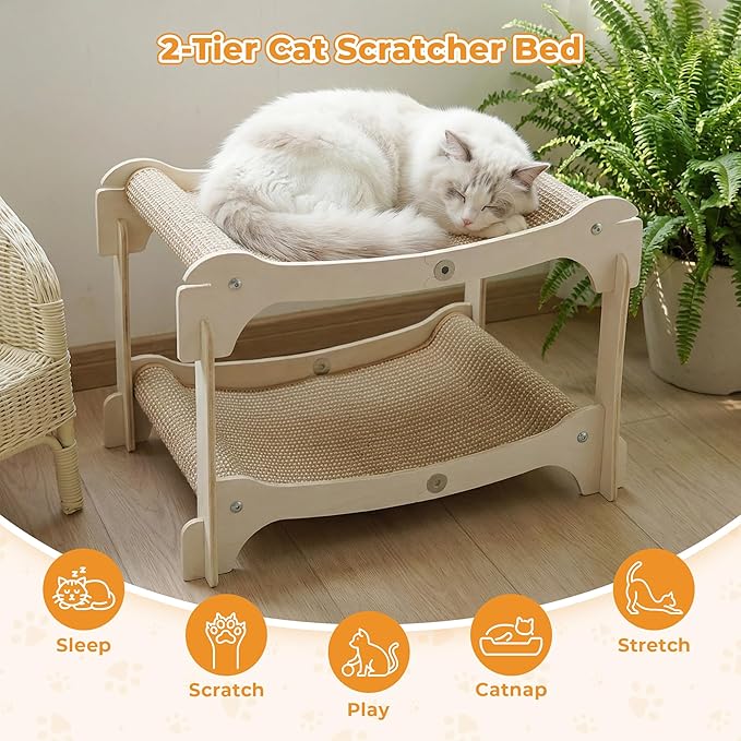 Two-Tier Sisal Cat Scratcher Bed - Large Scratching Board with Lounger Cat Scratch Pad, Sturdy Wooden Scratching Post for Indoor Kittens&Adult Cats, Easy Assemble Elevated Cats Bed Furniture