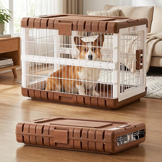 Collapsible Dog Crate for Dogs - 28" L Heavy Duty Dog Kennel No Tools Required with 4 Sides Steel Foldable Cage for Dogs Indoor, Portable Carrier with 2 Smooth Wheels, Woodgrain
