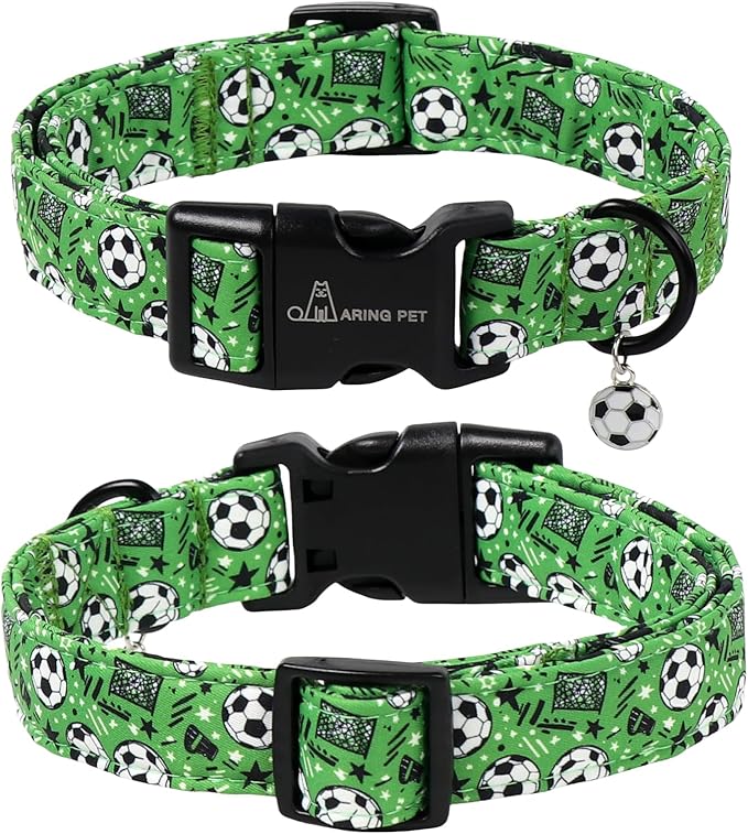 ARING PET Soccer Dog Collar, Cute Green Doggy Collars with Quick Release Buckle for Puppy Small Medium Large Boy Girl Dogs-M