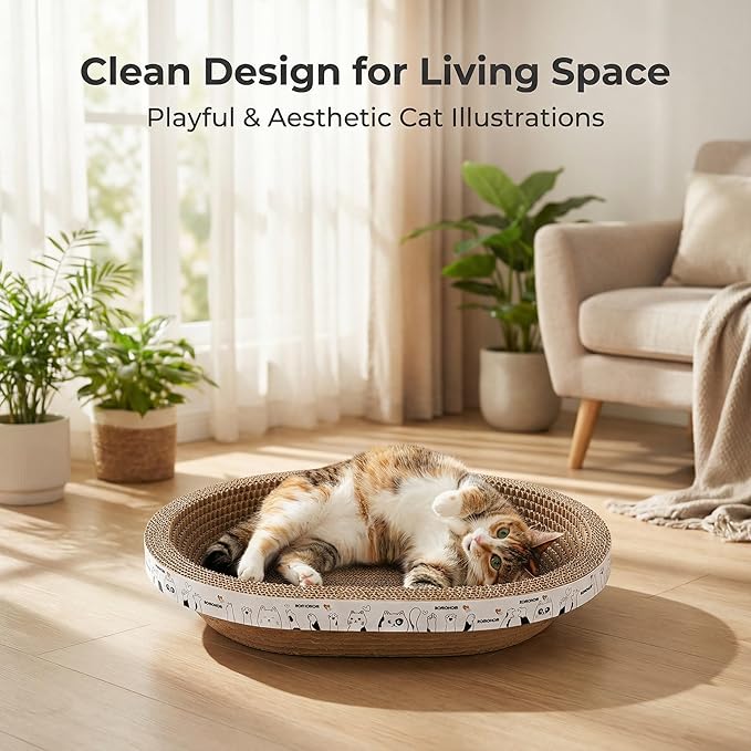 4-Piece Cardboard Cat Scratcher Bed Set with House, 2 Nest-Like Oval Cat Lounger Bowls (17"), Durable Corrugated Scratch Pads with Bonus Toys, All-in-One Cat Scratch Box for Indoor Cats Grinding Claws