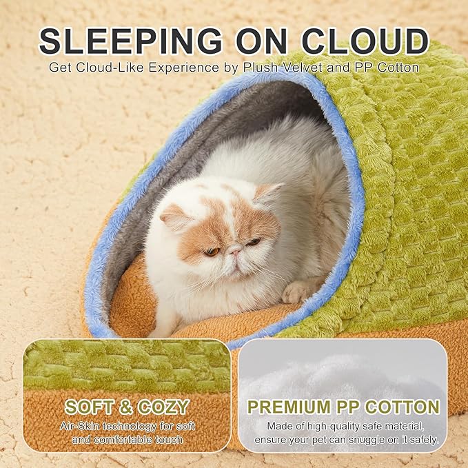 Jiupety Cute Cat Beds for Indoor Cats, Cave Bed for Kittens, Hideaway Cat House & Tent with Anti-Slip Bottom, Washable Removable Cushion, M(16"x16"x13"), Green