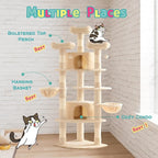 SHA CERLIN 73in Fan-Shaped Corner Cat Tower for Save Space/Multi-Level Tall Cat Tree for Indoor Kitties/Condo with Baskets/Cozy Perches/Sisal Scratching Posts/Pet Activity House/Beige
