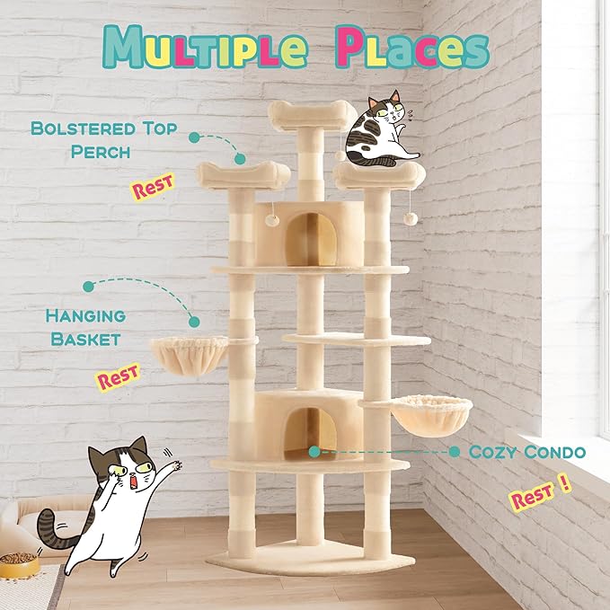 SHA CERLIN 73in Fan-Shaped Corner Cat Tower for Save Space/Multi-Level Tall Cat Tree for Indoor Kitties/Condo with Baskets/Cozy Perches/Sisal Scratching Posts/Pet Activity House/Beige