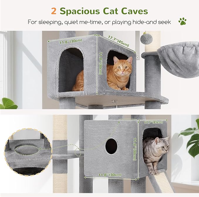 Globlazer 80 Inch Cat Tree for Large Cats, Stable Multi-Level Cat Tree with 2 Condos & Sisal Scratching Posts for 2-3 Cats, Thickened Base Space Saving Cat Tree Tower, F80G, Light Gray