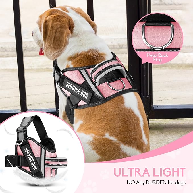 Service Dog Vest Harness and Leash Set, Animire in Training Dog Harness with 10 Dog Patches, Reflective Dog Leash with Soft Padded Handle for Small, Medium, Large, and Extra-Large Dogs(Pink,L)