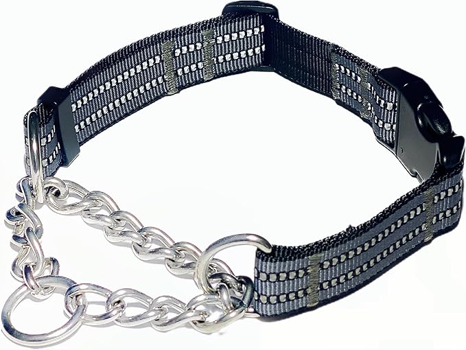 Martingale Collars for Dogs, Heavy Duty Stainless Steel Chain Training Collar, Reflective Nylon Adjustable Collar with Quick Release Buckle, Suitable for Puppy Medium Large Dogs (Gray, L)