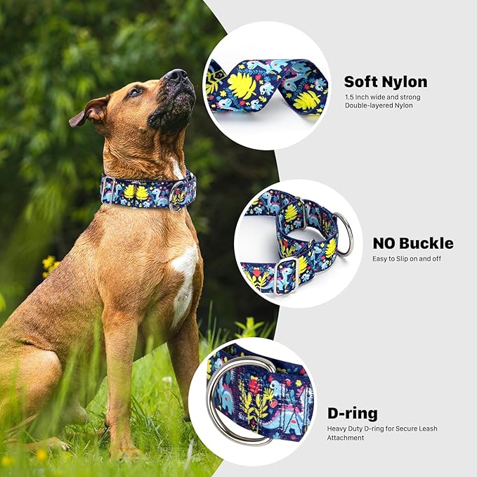 1.5 Inch Wide Martingale Dog Collar - Dinosaur Pattern No Pull Thick Collar for Large Dogs, Heavy Duty Adjustable Training Collar for Medium, Large & XL Dogs（Dinosaur M）