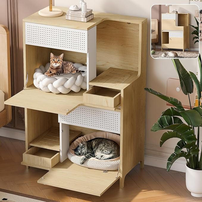 2-in-1 Modern Cat Tree Tower for Large Cats,Wooden Cat Tower with Litter Box Enclosure and Bookshelf/Storage Cabinet/Hidden Bed for Living Room Or Bedroom (Natural, 31.4")