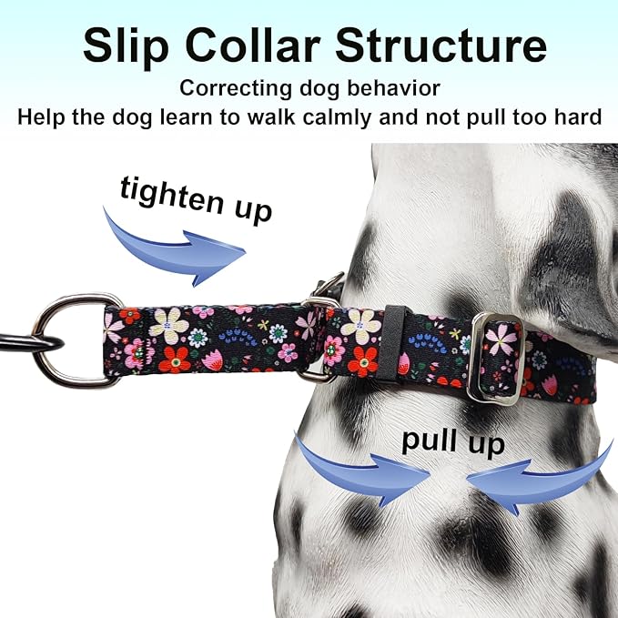 Martingale Dog Collar with Buckle Adjustable Nylon Limited Slip No Pull Training Floral Dog Collars (Black Pink Red, XLarge)