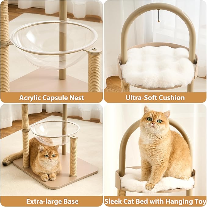 34" Modern Cat Tree Furniture, Minimalist Metal Frame Cat Tower with Wood Platforms, Washable Cushion & Scratching Post, Stylish Cat Condo for Indoor Cats, Cream Beige