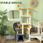 PawHut Cat Tower, 63 Inch Tree for Large Adult Indoor Cats with Scratching Post, Hammock, Condo, Bed, Scratching Board & Toys, Moon and Star Themed Cat Tree Tower, Beige