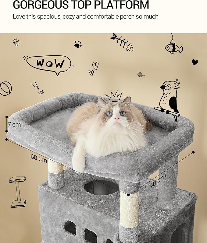 Cat Tree,82.6" Large Cat Tower for Indoor Cats, Multi-Level Cat House with Condo, 8 Scratching Posts, Hammock, 4 Pom Poms, Light Grey MS21018LG