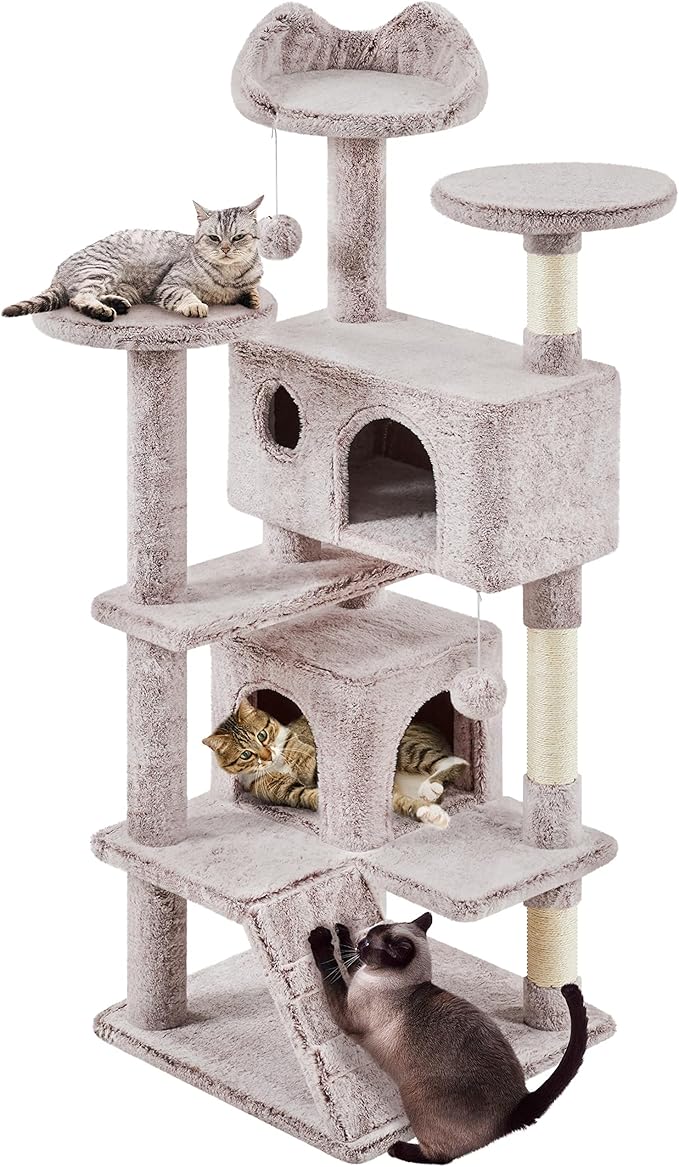 Topeakmart 54in Cat Tree, Cat Tower w/Large Cat Condo Scratching Posts and Perch, Cat Stand House Furniture, Brown/White